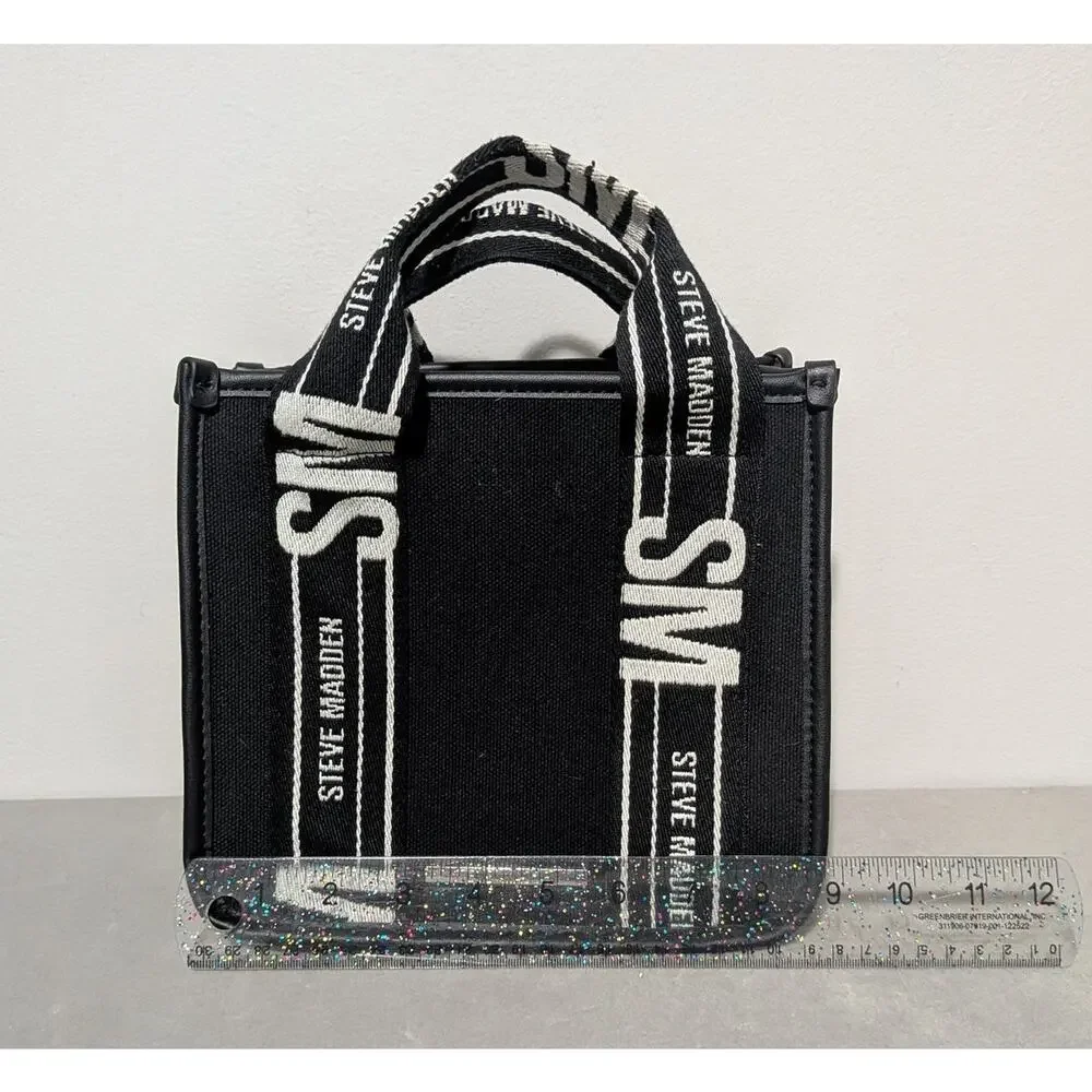 Steve Madden Bwebber Black Canvas Crossbody Satchel Bag Logo Strap Coin Pouch